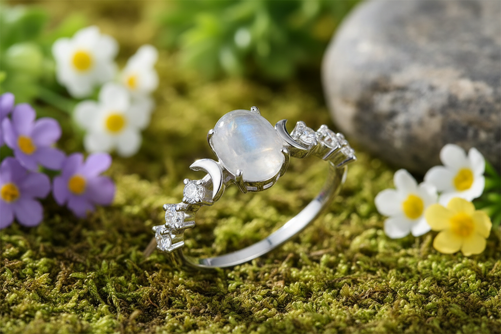Moonstone crescent moon ring