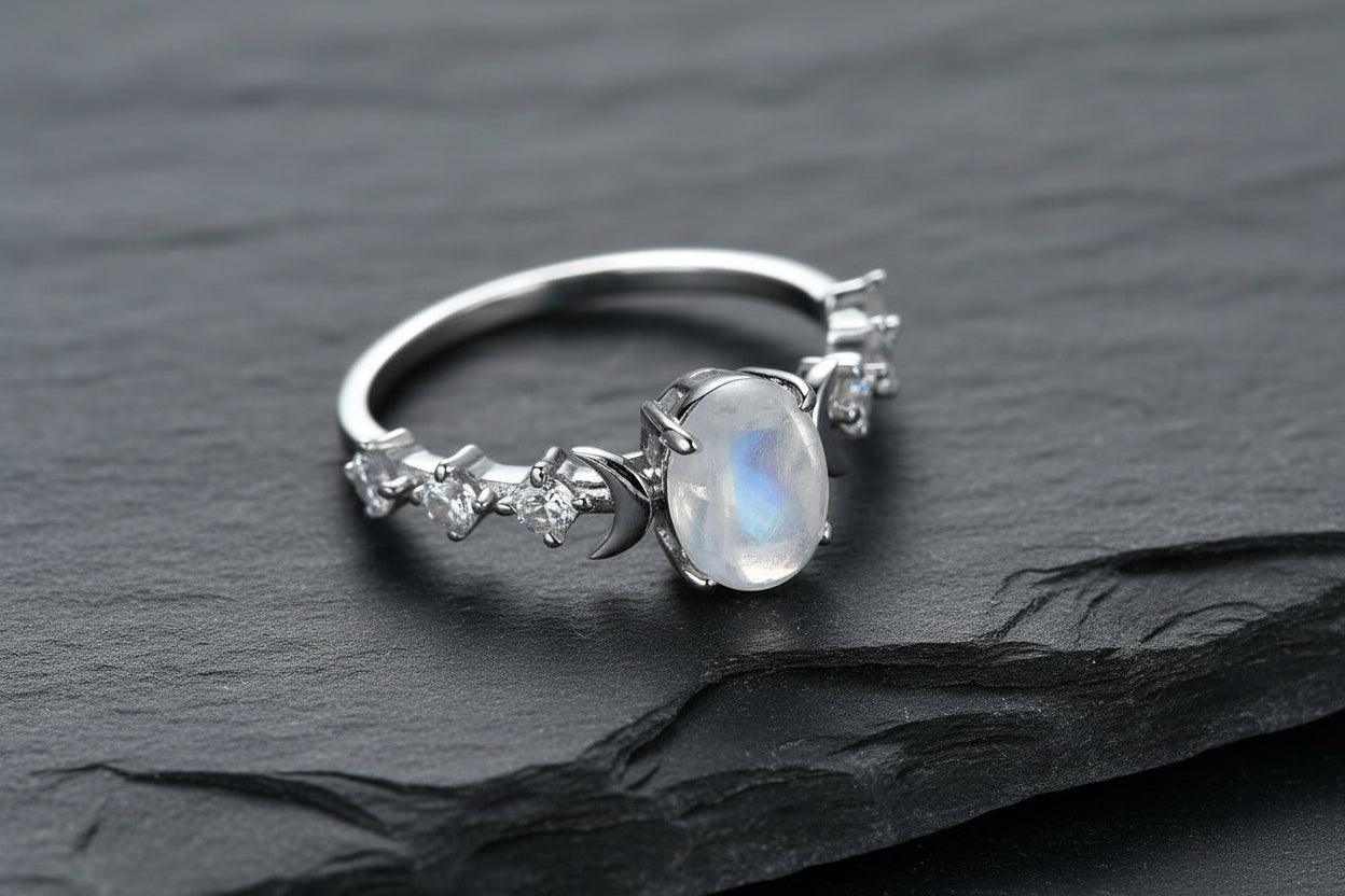Moonstone crescent moon ring